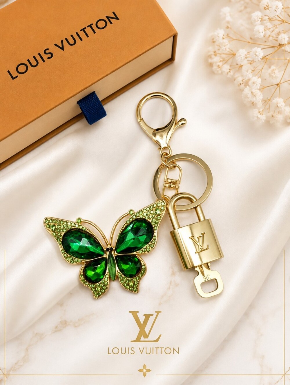 LV Gold Padlock Authentic 🔑 Luxury Bag Charm w/ Unbranded Butterfly Keychain